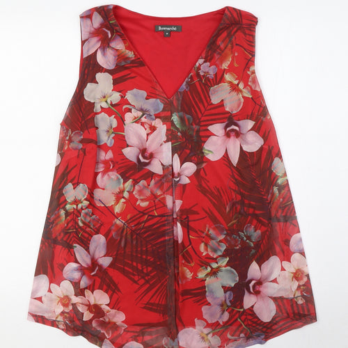 Bonmarche Womens Red Floral Polyester Basic Blouse Size 14 V-Neck - Layered