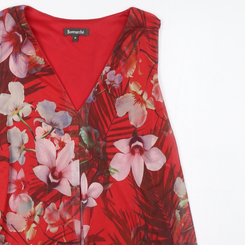 Bonmarche Womens Red Floral Polyester Basic Blouse Size 14 V-Neck - Layered