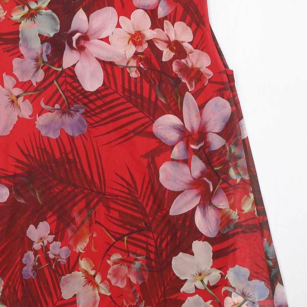 Bonmarche Womens Red Floral Polyester Basic Blouse Size 14 V-Neck - Layered