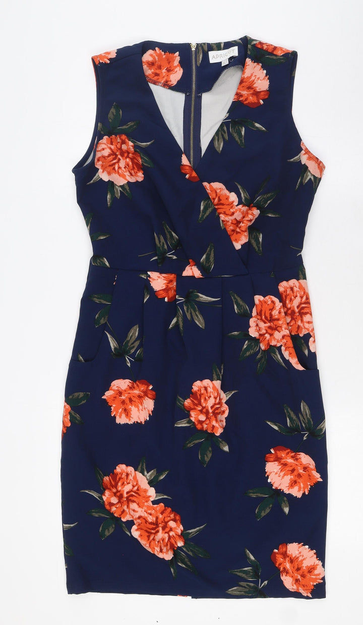 Apricot Womens Blue Floral Polyester A-Line Size 10 V-Neck Zip - Pockets