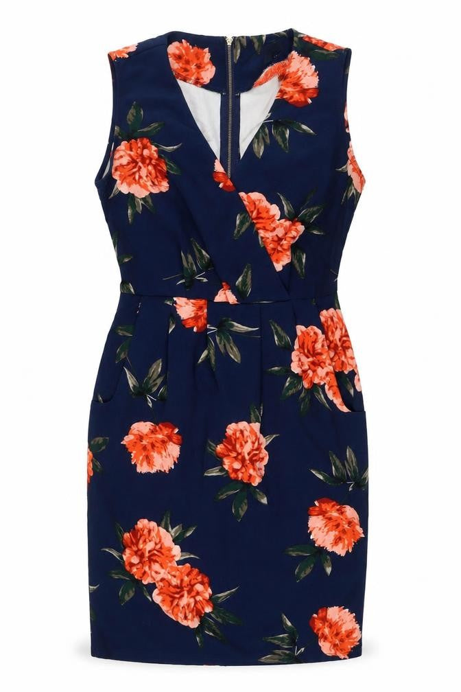 Apricot Womens Blue Floral Polyester A-Line Size 10 V-Neck Zip - Pockets