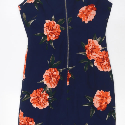 Apricot Womens Blue Floral Polyester A-Line Size 10 V-Neck Zip - Pockets