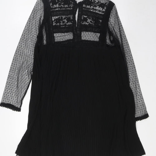 Zara Womens Black Polyester A-Line Size M Round Neck Button - Pleated, Shear