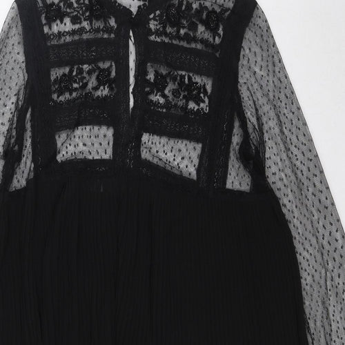 Zara Womens Black Polyester A-Line Size M Round Neck Button - Pleated, Shear
