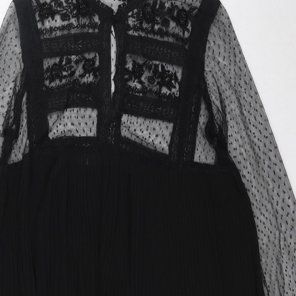 Zara Womens Black Polyester A-Line Size M Round Neck Button - Pleated, Shear