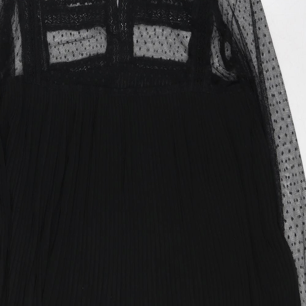 Zara Womens Black Polyester A-Line Size M Round Neck Button - Pleated, Shear