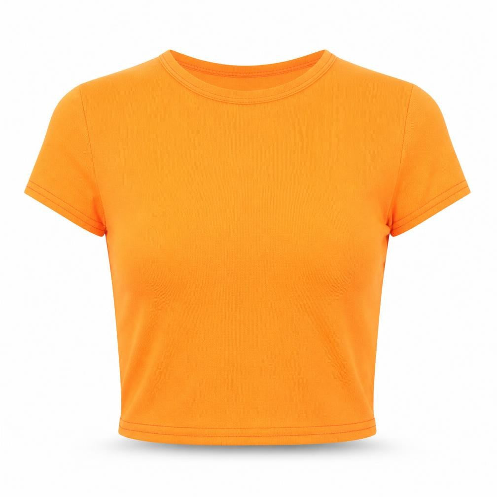 Front view of PRETTYLITTLETHING women’s orange polyester cropped blouse, size UK 6, round neck - bright