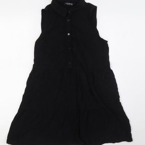 Stradivarius Womens Black Polyester A-Line Size S Collared Button