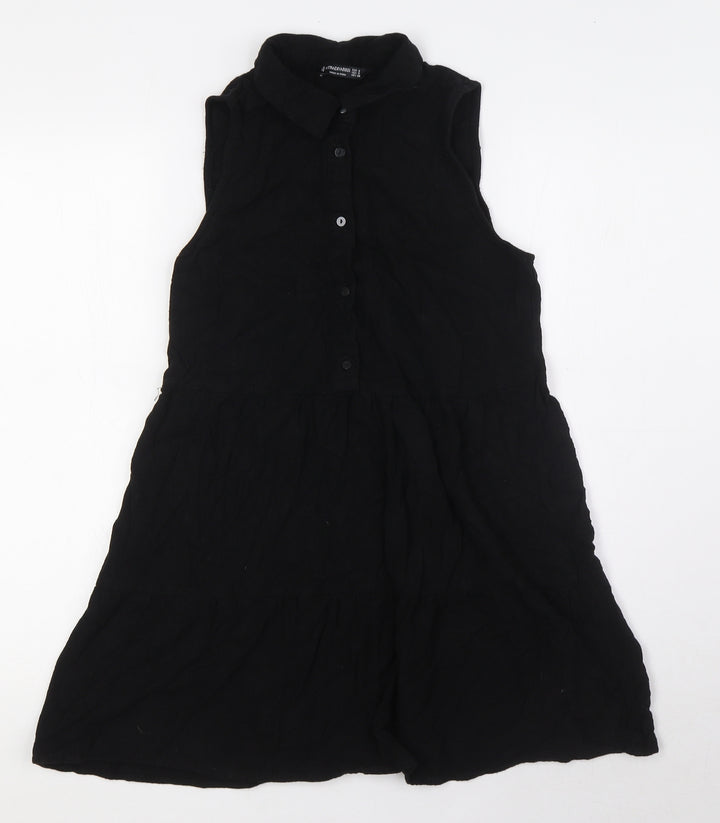 Stradivarius Womens Black Polyester A-Line Size S Collared Button