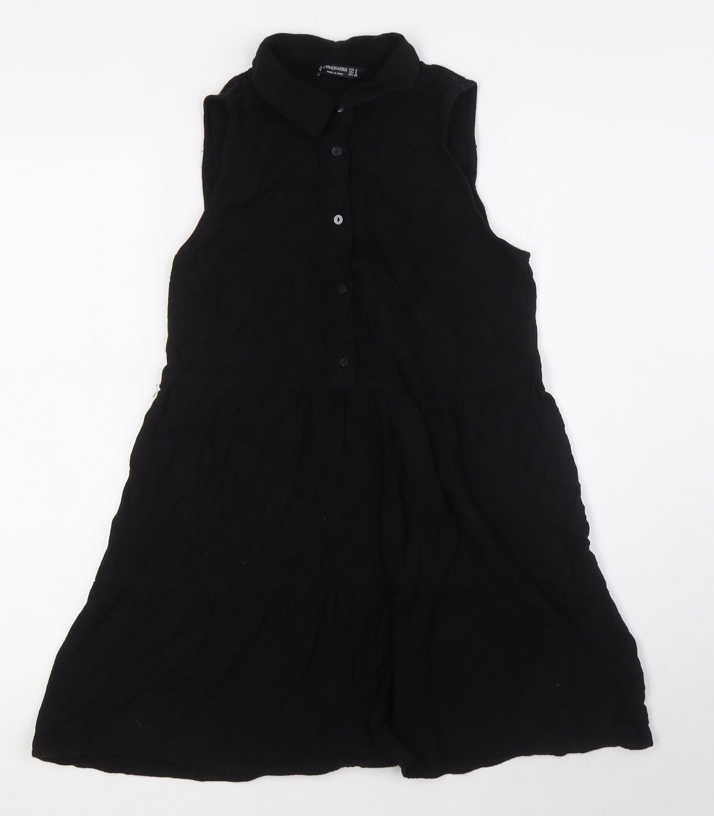Stradivarius Womens Black Polyester A-Line Size S Collared Button