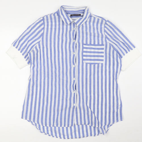 Marks and Spencer Womens Blue Striped Cotton Basic Blouse Size 16 Collared - Pocket