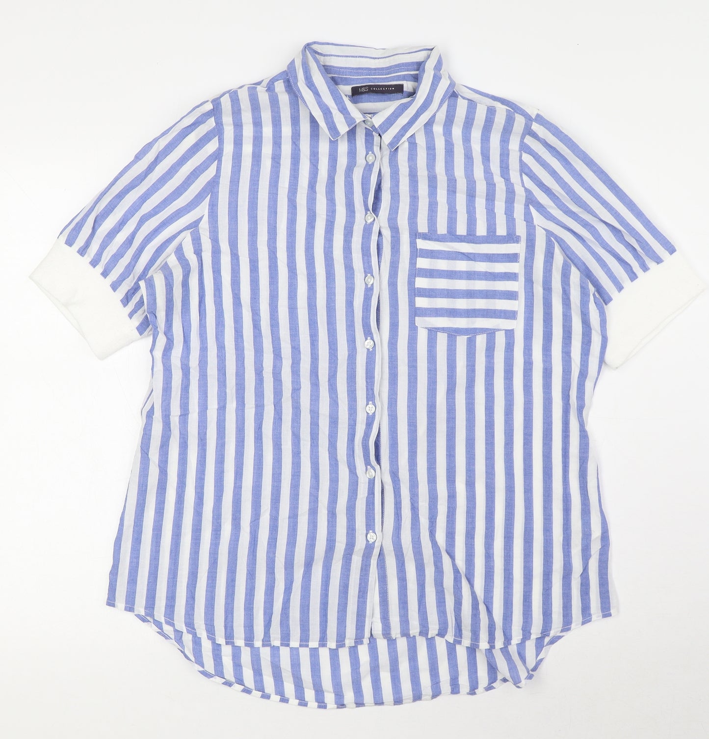 Marks and Spencer Womens Blue Striped Cotton Basic Blouse Size 16 Collared - Pocket
