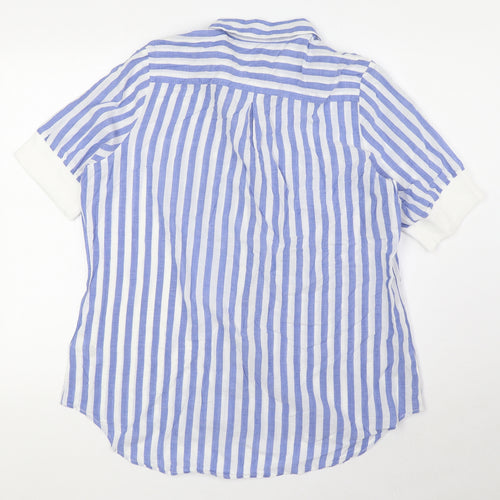 Marks and Spencer Womens Blue Striped Cotton Basic Blouse Size 16 Collared - Pocket