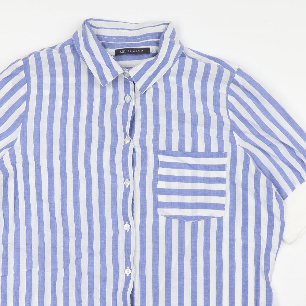 Marks and Spencer Womens Blue Striped Cotton Basic Blouse Size 16 Collared - Pocket