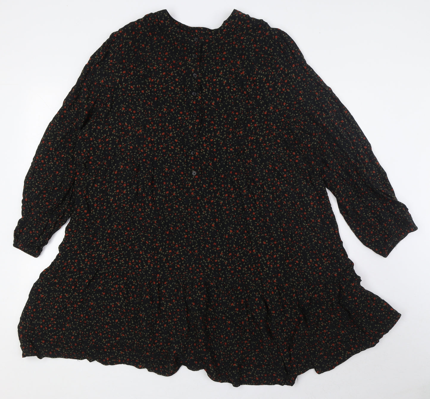 Marks and Spencer Womens Black Floral Viscose A-Line Size 22 Round Neck Button