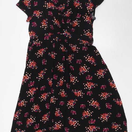 BHS Womens Black Floral Viscose A-Line Size 10 V-Neck Pullover - Tie Back