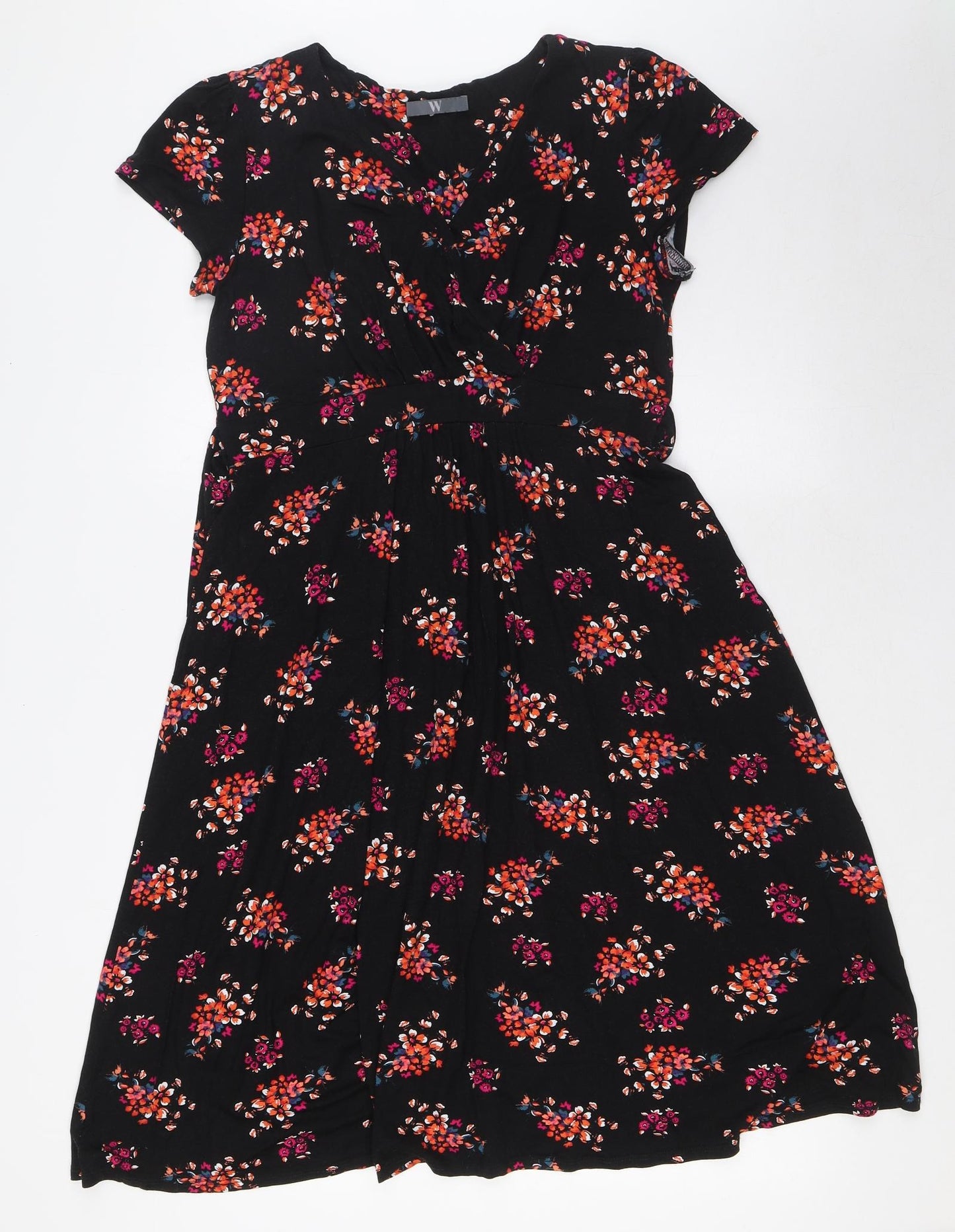 BHS Womens Black Floral Viscose A-Line Size 10 V-Neck Pullover - Tie Back