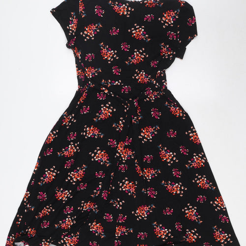 BHS Womens Black Floral Viscose A-Line Size 10 V-Neck Pullover - Tie Back