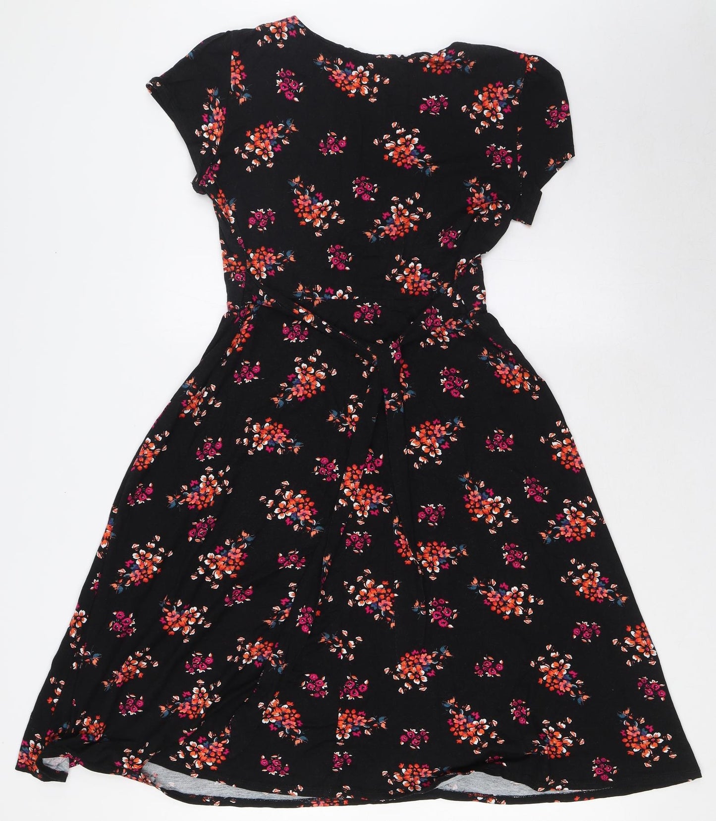 BHS Womens Black Floral Viscose A-Line Size 10 V-Neck Pullover - Tie Back