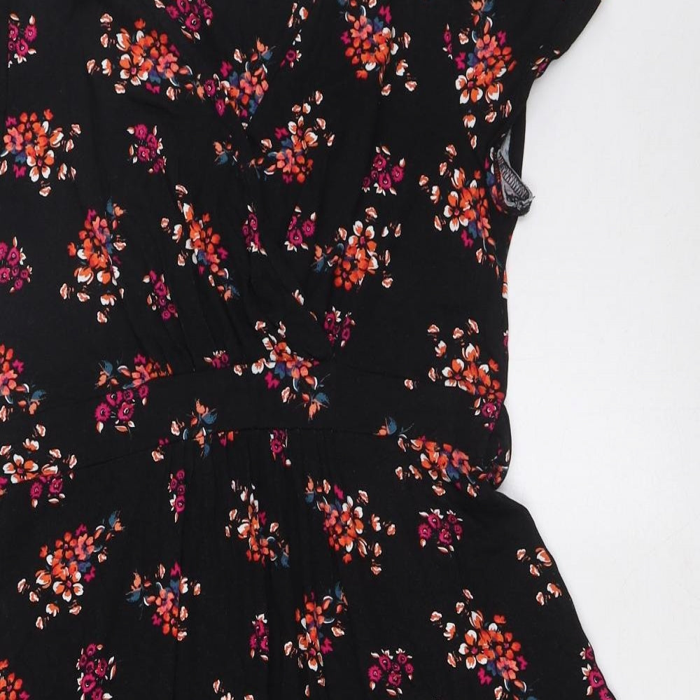 BHS Womens Black Floral Viscose A-Line Size 10 V-Neck Pullover - Tie Back
