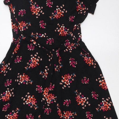 BHS Womens Black Floral Viscose A-Line Size 10 V-Neck Pullover - Tie Back