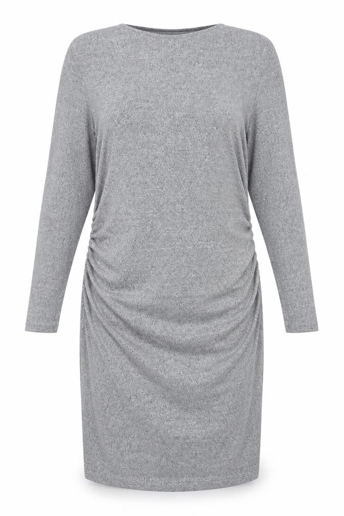 Front view of Marks & Spencer women’s grey polyester pencil dress, size UK 20, round neck pullover - shoulder pads