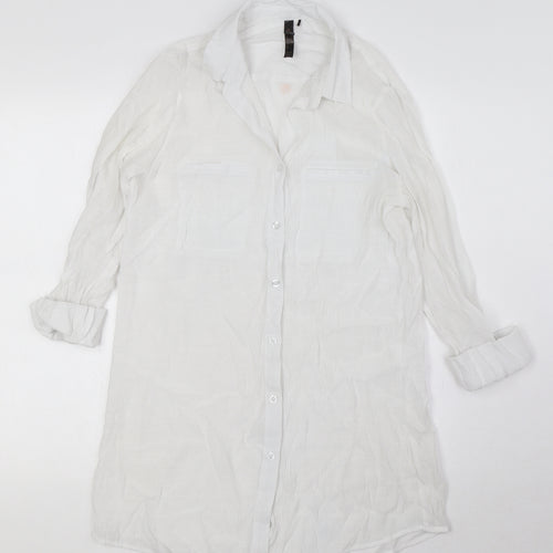 Turquoise Womens White Viscose Basic Button-Up Size XS Collared - Pockets
