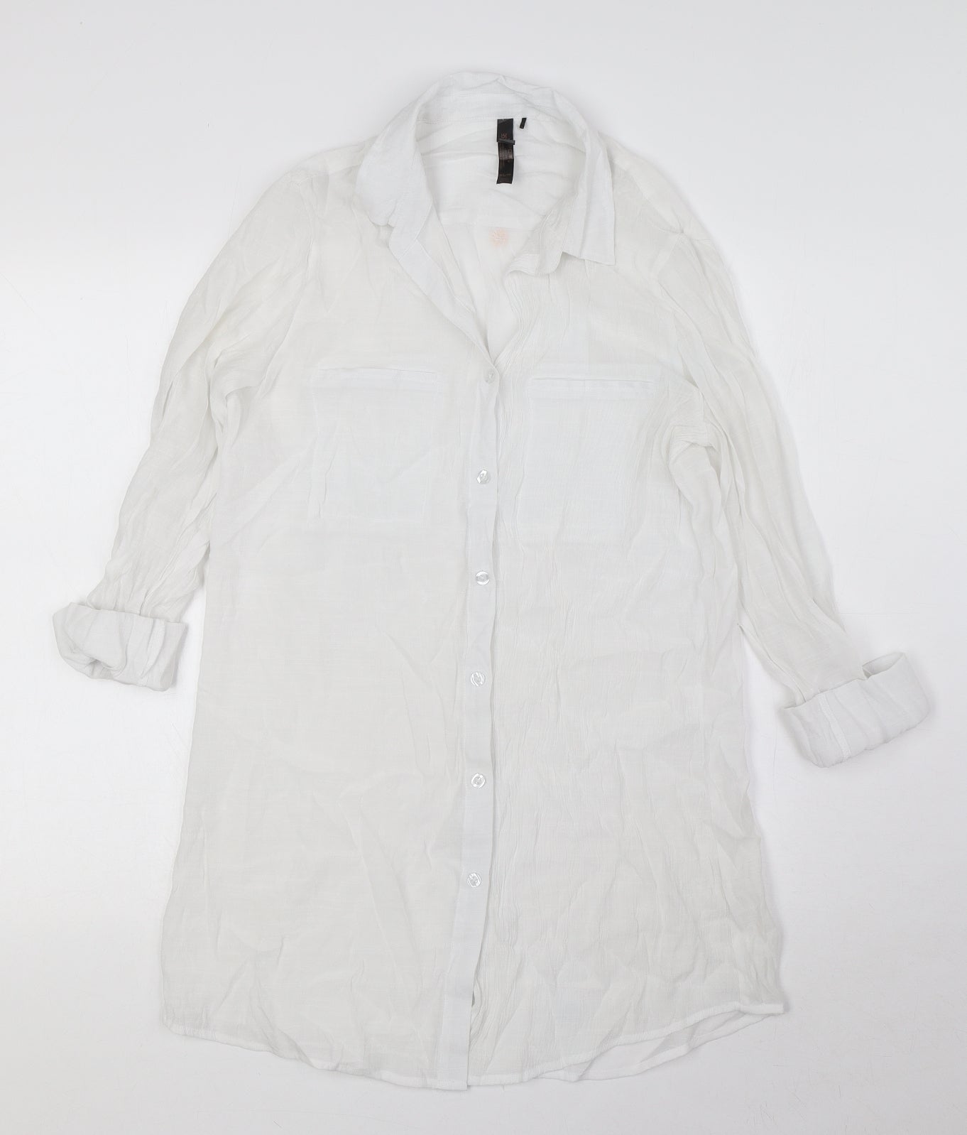 Turquoise Womens White Viscose Basic Button-Up Size XS Collared - Pockets