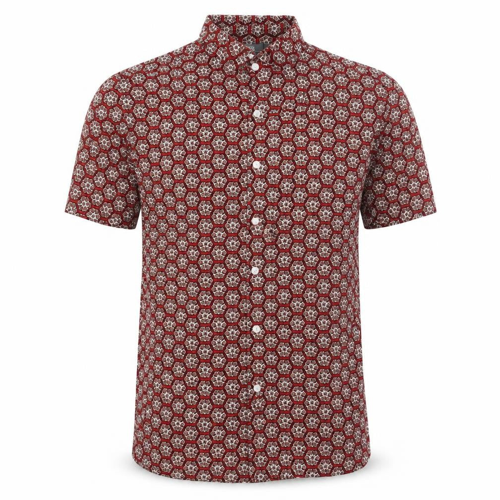 Front view of ASOS men’s multicoloured viscose button-up, size S, collared button