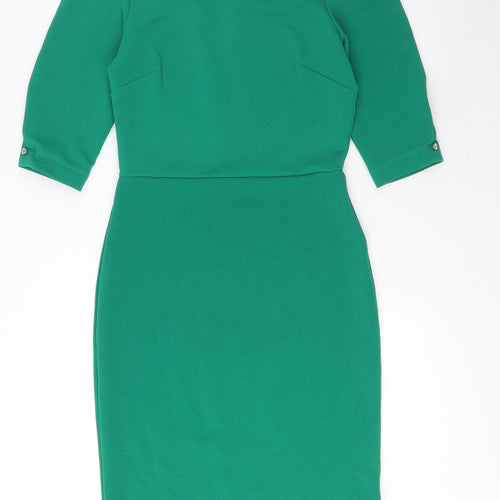 Dorothy Perkins Womens Green Polyester Pencil Dress Size 8 Round Neck Button