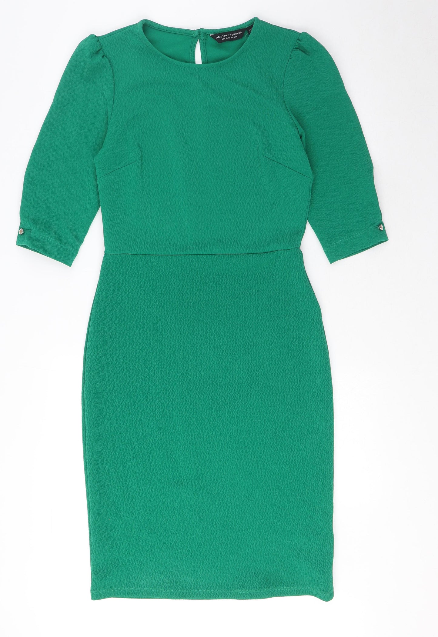 Dorothy Perkins Womens Green Polyester Pencil Dress Size 8 Round Neck Button