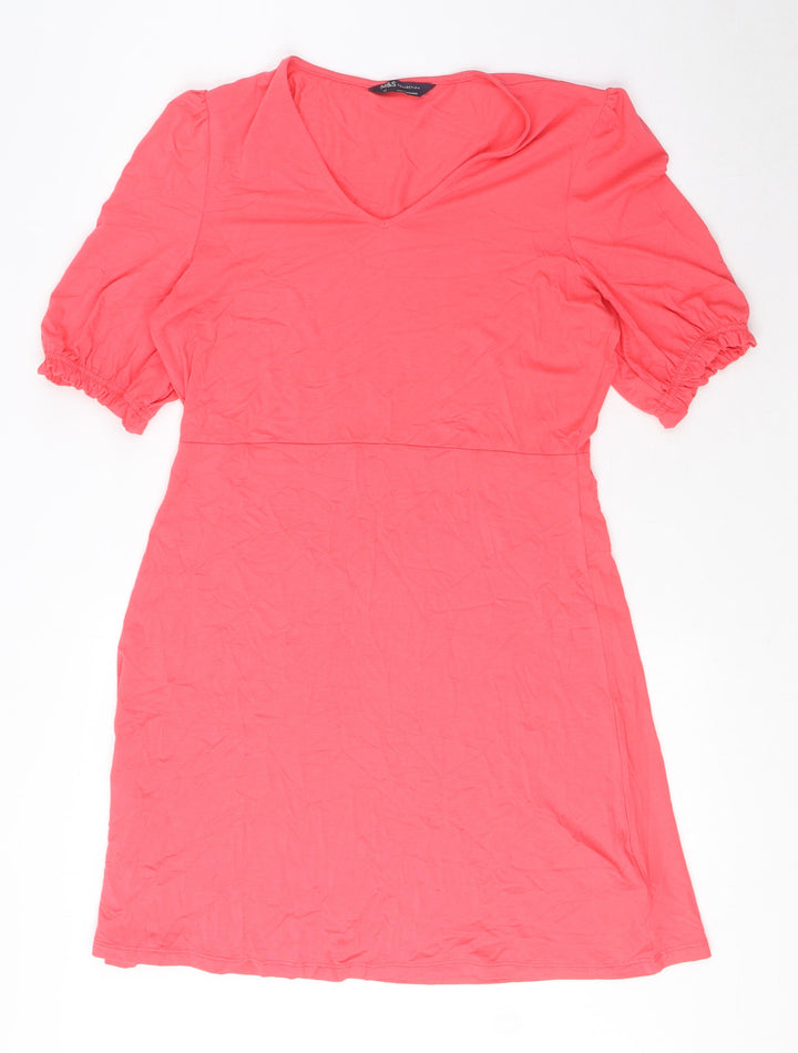 Marks and Spencer Womens Pink Viscose A-Line Size 12 V-Neck Pullover