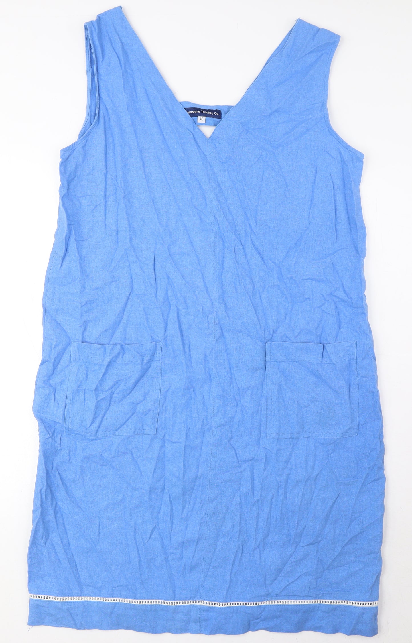 Yorkshire Trading Co Womens Blue Linen A-Line Size 16 V-Neck Pullover - Pockets