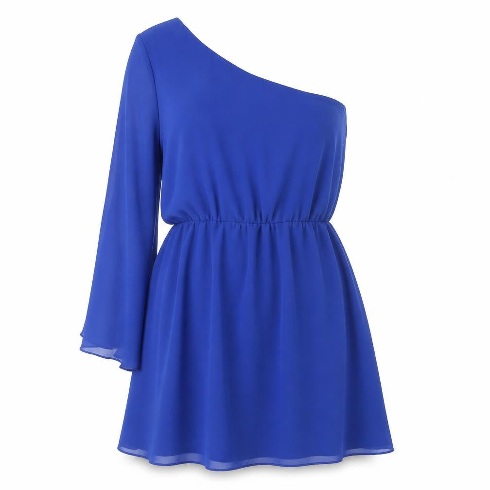 Front view of Miso women’s blue polyester a-line, size UK 14, one shoulder pullover