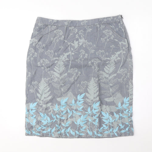 White Stuff Womens Grey Floral Linen A-Line Skirt Size 12 Zip - Pockets