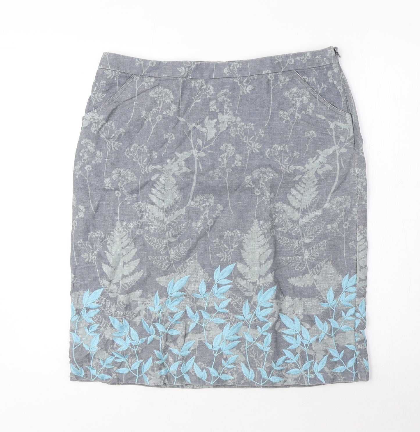 White Stuff Womens Grey Floral Linen A-Line Skirt Size 12 Zip - Pockets