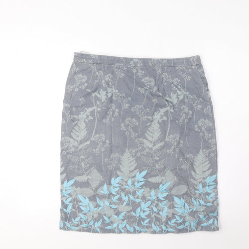 White Stuff Womens Grey Floral Linen A-Line Skirt Size 12 Zip - Pockets