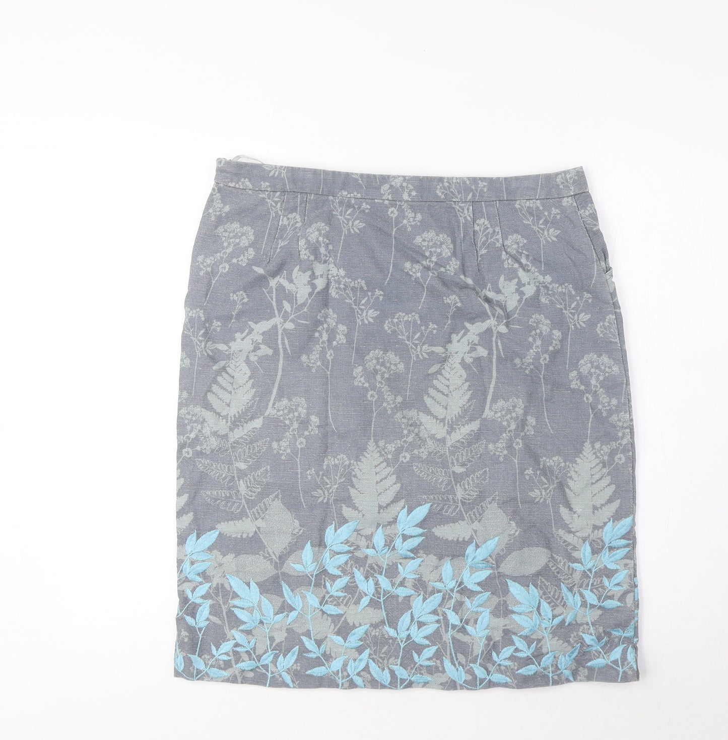 White Stuff Womens Grey Floral Linen A-Line Skirt Size 12 Zip - Pockets