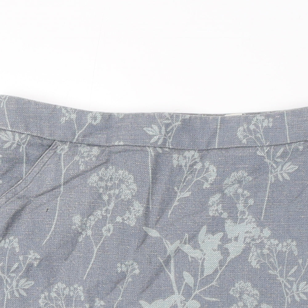 White Stuff Womens Grey Floral Linen A-Line Skirt Size 12 Zip - Pockets