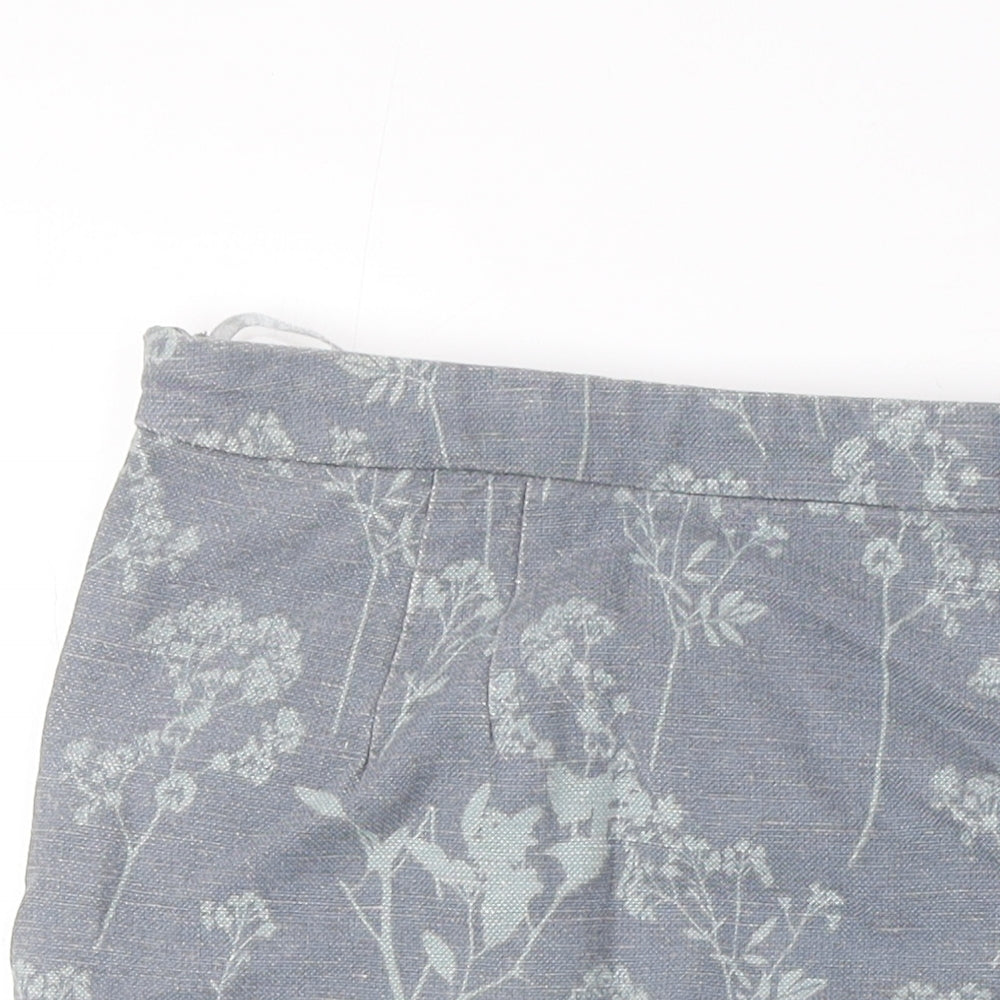 White Stuff Womens Grey Floral Linen A-Line Skirt Size 12 Zip - Pockets