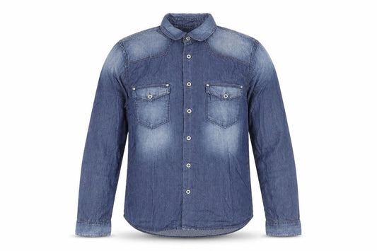 Front view of H&M Men's Blue Denim Shirt, size S, Button-Up Casual