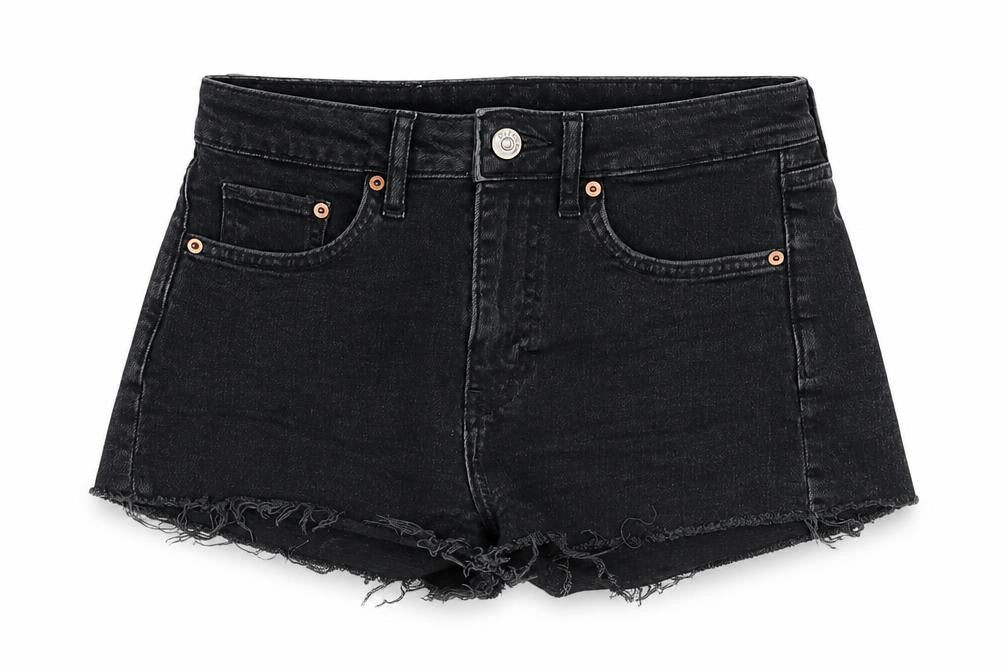Front view of H&M Women's Black High-Rise Cut-Off Denim Shorts