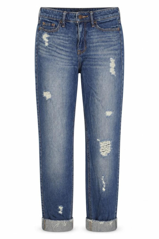 Front view of Hollister Women's Blue Boyfriend Distressed Jeans