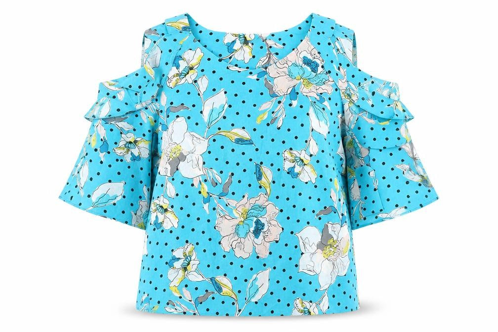 Front view of Roman Women's Blue Floral Tunic Blouse, size 12