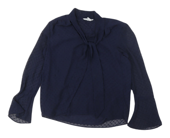 H&M Women's Blue Tie Neck Blouse, Size 6, Flared Sleeves