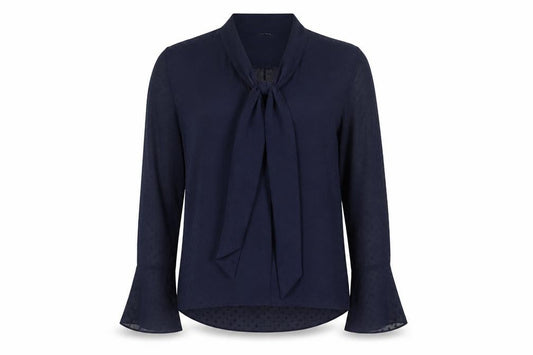 Front view of H&M Women's Blue Tie Neck Blouse, size 6, Flared Sleeves