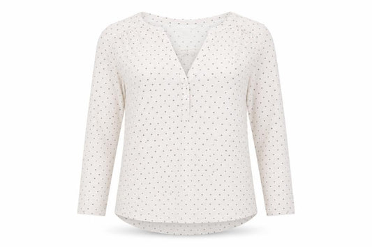 Front view of H&M Women's Ivory Polka Dot Blouse, Size Small, Button Accents