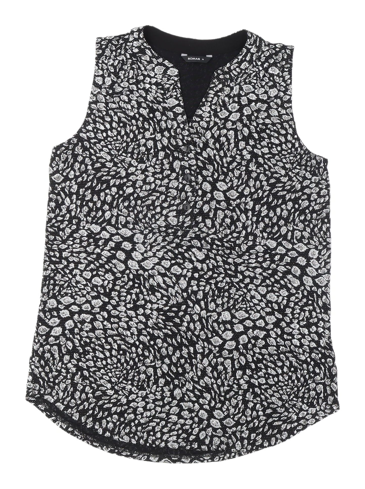 Roman Women's Black Animal Print Sleeveless Blouse, Size 10