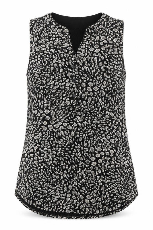 Front view of Roman Women's Black Animal Print Sleeveless Blouse, size 10