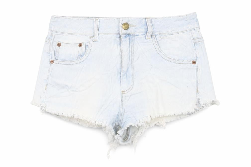 Front view of Topshop Women's Blue Cut-Off Denim Shorts, size 10
